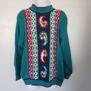 Vintage AJ Brandon Paisley Pullover Sweater Medium Teal Green Navy Boho Whimsy